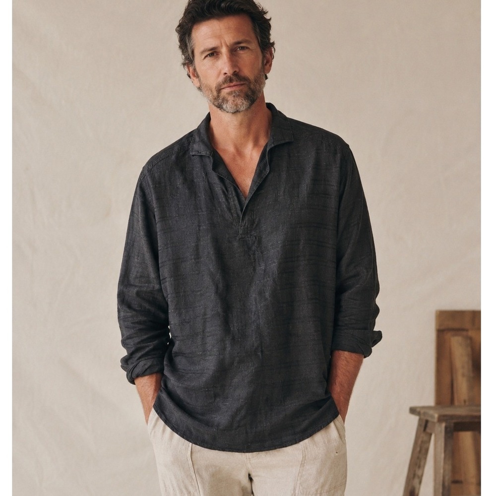Baird McNutt Murano Black Linen Blend Long Sleeve Camp Collar Shirt Men's Large
